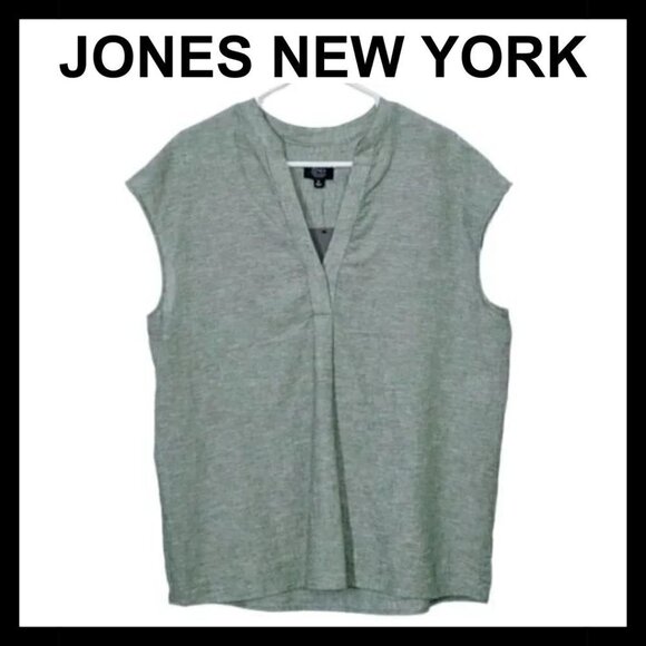 NWT JONES NEW YORK Basil green linen blend cap sleeve casual top - Picture 1 of 16